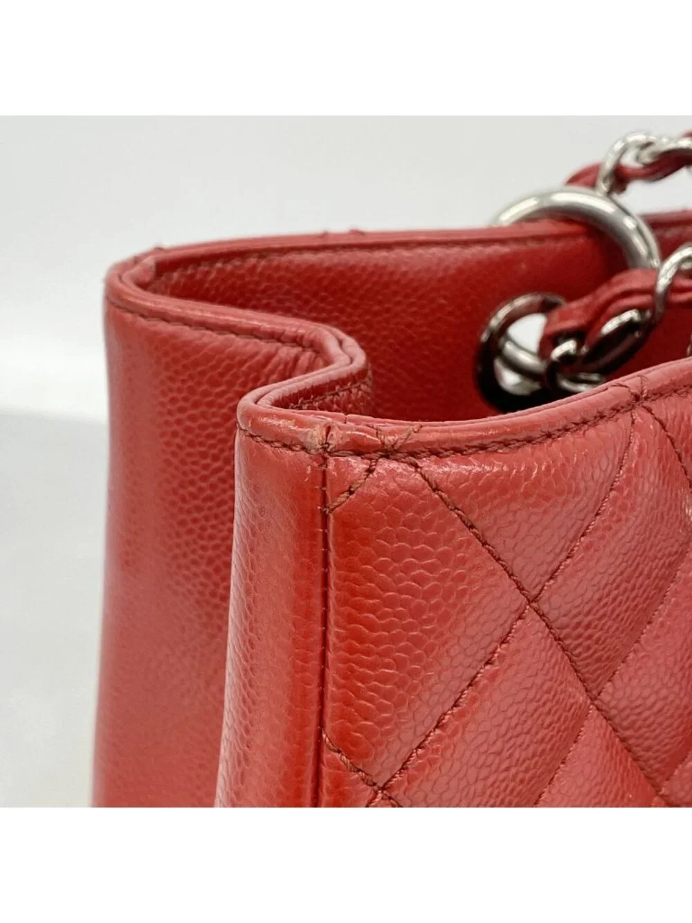 Chanel Chain Tote Bag Quilted Caviar Leather Red Silver